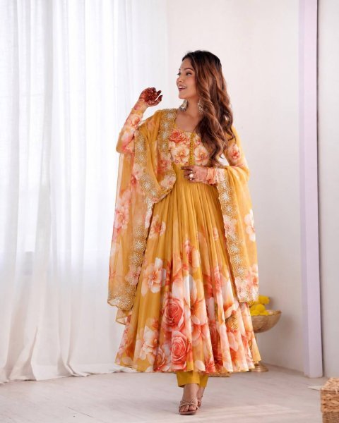 Enchanting Yellow Soft Tabby Organza Digital Print Gown Bottom Dupatta Set for Diwali Ready To Wear Collection