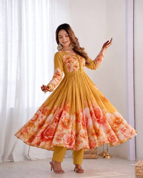Enchanting Yellow Soft Tabby Organza Digital Print Gown Bottom Dupatta Set for Diwali Ready To Wear Collection