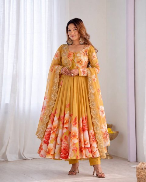 Enchanting Yellow Soft Tabby Organza Digital Print Gown Bottom Dupatta Set for Diwali Ready To Wear Collection