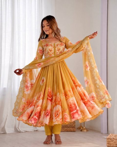 Enchanting Yellow Soft Tabby Organza Digital Print Gown Bottom Dupatta Set for Diwali Ready To Wear Collection
