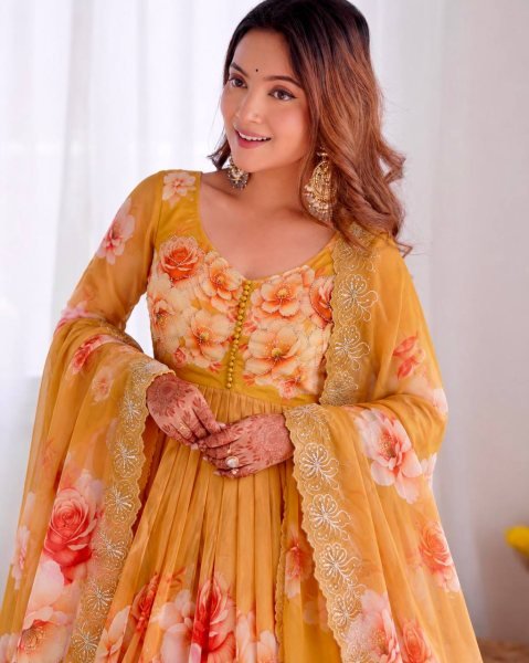 Enchanting Yellow Soft Tabby Organza Digital Print Gown Bottom Dupatta Set for Diwali Ready To Wear Collection