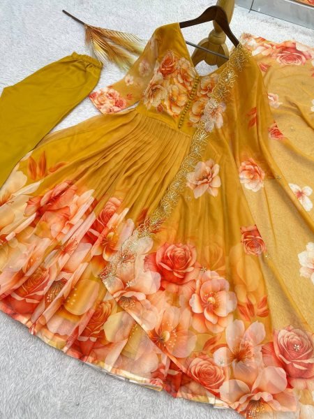 Enchanting Yellow Soft Tabby Organza Digital Print Gown Bottom Dupatta Set for Diwali Ready To Wear Collection