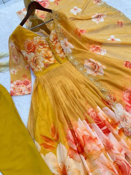Enchanting Yellow Soft Tabby Organza Digital Print Gown Bottom Dupatta Set for Diwali Ready To Wear Collection
