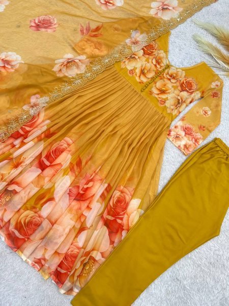 Enchanting Yellow Soft Tabby Organza Digital Print Gown Bottom Dupatta Set for Diwali Ready To Wear Collection