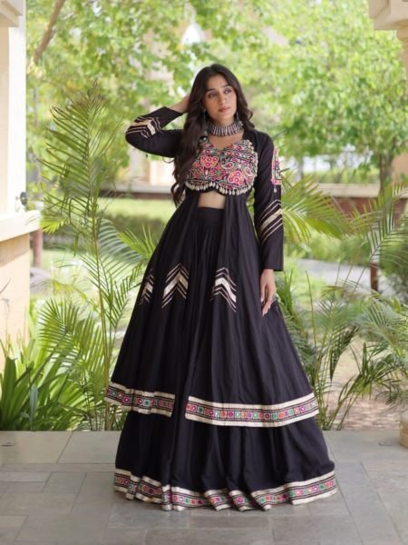 Enduring Black Kora Cotton Lehenga with 4 Meter Flair and Embroidered Shrug  Lehenga