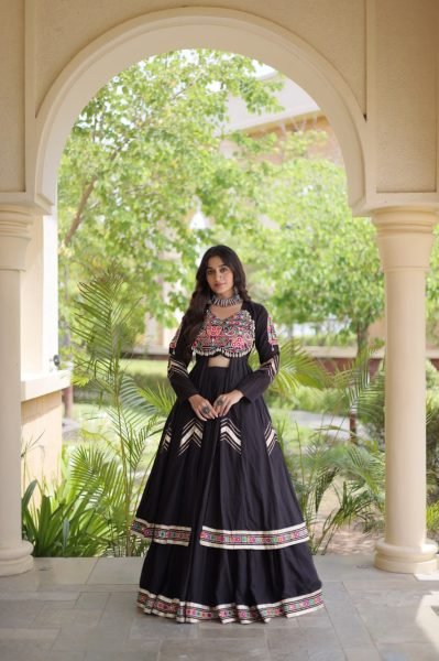Enduring Black Kora Cotton Lehenga with 4 Meter Flair and Embroidered Shrug Navratri Lehnega Choli