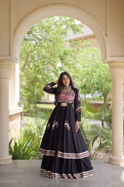 Enduring Black Kora Cotton Lehenga with 4 Meter Flair and Embroidered Shrug Navratri Lehnega Choli