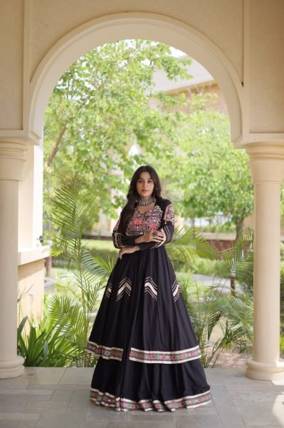Enduring Black Kora Cotton Lehenga with 4 Meter Flair and Embroidered Shrug Navratri Lehnega Choli