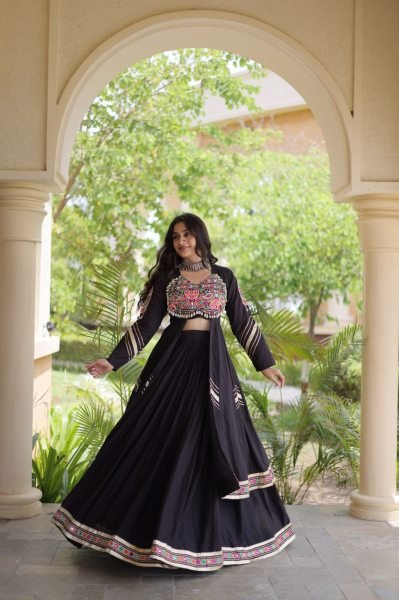 Enduring Black Kora Cotton Lehenga with 4 Meter Flair and Embroidered Shrug Navratri Lehnega Choli