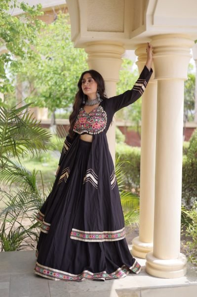 Enduring Black Kora Cotton Lehenga with 4 Meter Flair and Embroidered Shrug Navratri Lehnega Choli