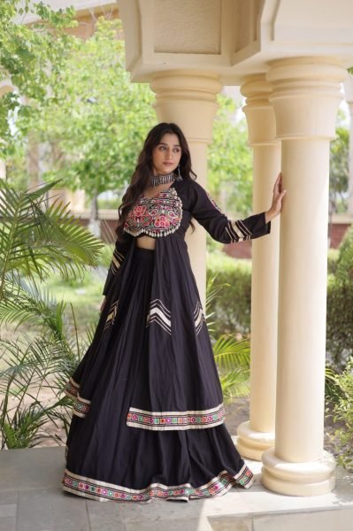 Enduring Black Kora Cotton Lehenga with 4 Meter Flair and Embroidered Shrug Navratri Lehnega Choli