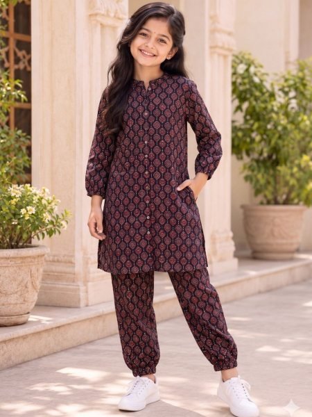 Enduring Black Premium Printed Cotton Outfit for Kids and Juniors for Daily Wear Kurtis