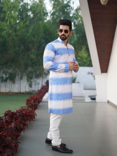 Enduring Blue Men s PC Cotton Kurta Pajama with Embroidery Work and Shading Print Mens Wear
