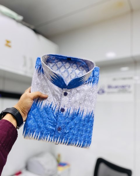 Enduring Blue Men s PC Cotton Kurta Pajama with Embroidery Work and Shading Print Kurta Pajama Wholesale