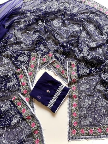 Enduring Blue Soft Georgette Saree with Heavy Multi Chikankari Work and Lace at Wholesale Rate Sarees 