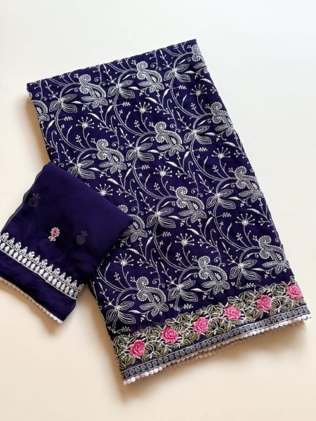 Enduring Blue Soft Georgette Saree with Heavy Multi Chikankari Work and Lace at Wholesale Rate Georgette Sarees Wholesale