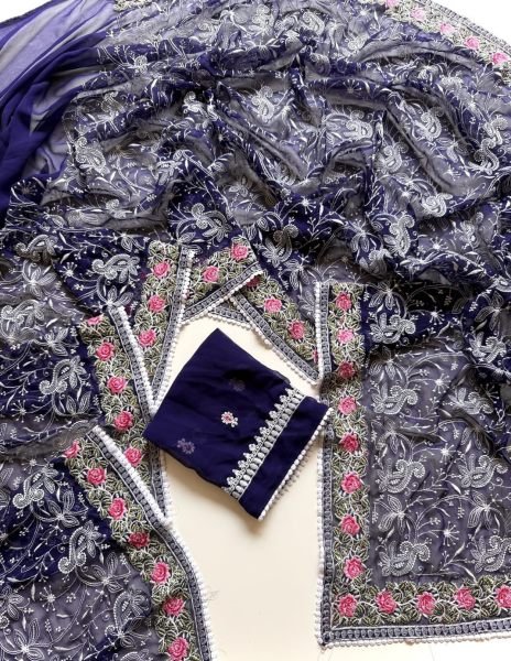 Enduring Blue Soft Georgette Saree with Heavy Multi Chikankari Work and Lace at Wholesale Rate Georgette Sarees Wholesale