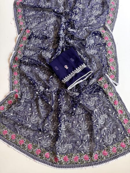 Enduring Blue Soft Georgette Saree with Heavy Multi Chikankari Work and Lace at Wholesale Rate Georgette Sarees Wholesale