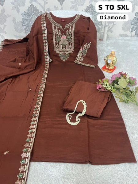 Enduring Brown Two Tone Fabric Kurti Pant Set with Embroidered Dupatta Embroidery Kurtis 