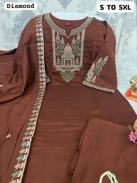 Enduring Brown Two Tone Fabric Kurti Pant Set with Embroidered Dupatta Embroidery Kurtis 