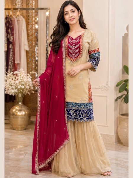 Enduring Cream Embroidered Kurti Palazzo Suit for Festive and Wedding Functions Ready To Wear Suit