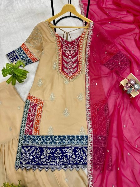 Enduring Cream Embroidered Kurti Palazzo Suit for Festive and Wedding Functions Ready To Wear Collection