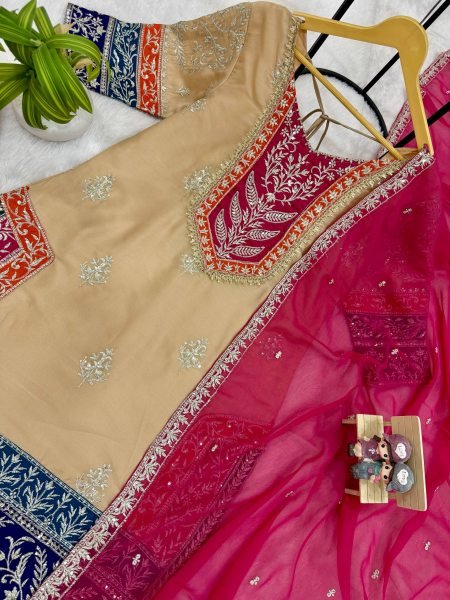 Enduring Cream Embroidered Kurti Palazzo Suit for Festive and Wedding Functions Ready To Wear Collection