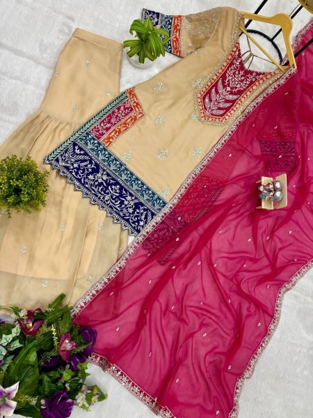 Enduring Cream Embroidered Kurti Palazzo Suit for Festive and Wedding Functions Ready To Wear Collection