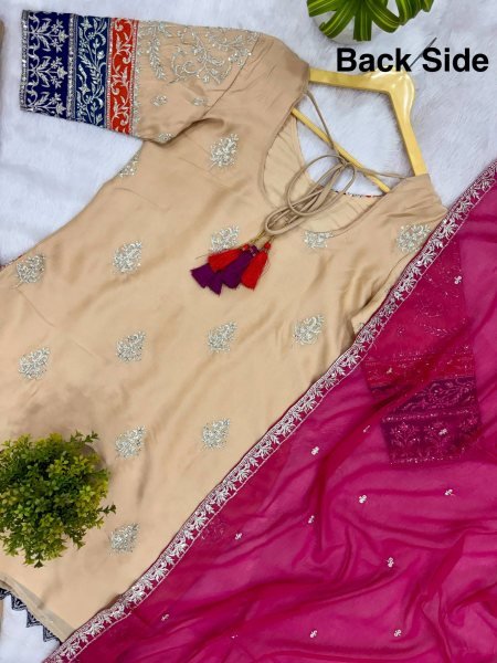 Enduring Cream Embroidered Kurti Palazzo Suit for Festive and Wedding Functions Ready To Wear Collection