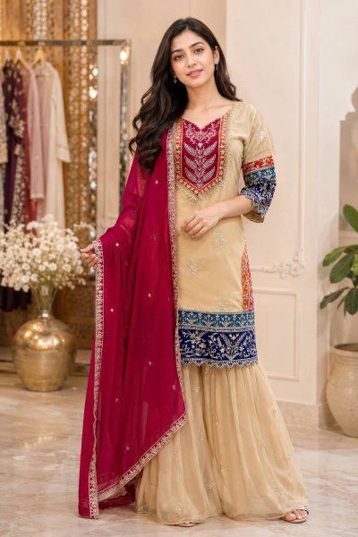 Enduring Cream Embroidered Kurti Palazzo Suit for Festive and Wedding Functions Ready To Wear Collection