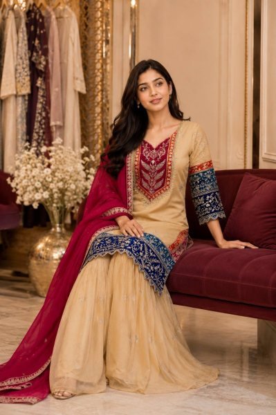 Enduring Cream Embroidered Kurti Palazzo Suit for Festive and Wedding Functions Ready To Wear Collection