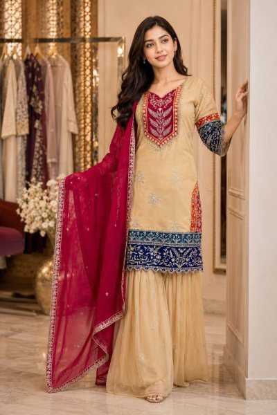 Enduring Cream Embroidered Kurti Palazzo Suit for Festive and Wedding Functions Ready To Wear Collection