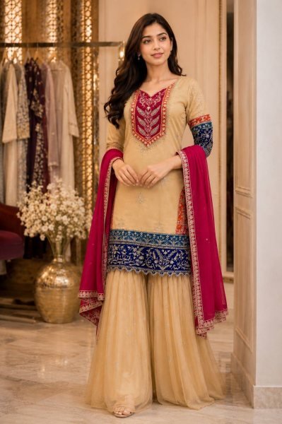 Enduring Cream Embroidered Kurti Palazzo Suit for Festive and Wedding Functions Ready To Wear Collection
