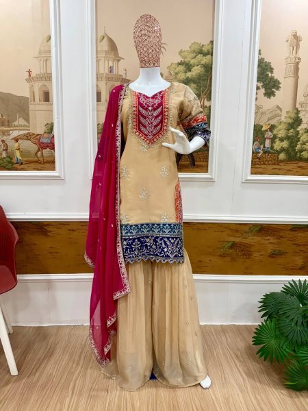 Enduring Cream Embroidered Kurti Palazzo Suit for Festive and Wedding Functions Ready To Wear Collection