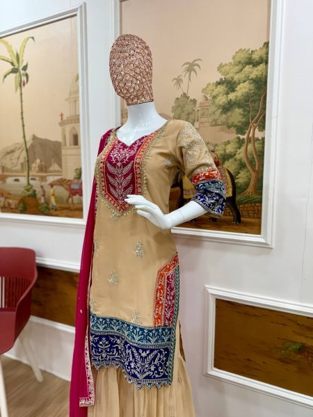 Enduring Cream Embroidered Kurti Palazzo Suit for Festive and Wedding Functions Ready To Wear Collection