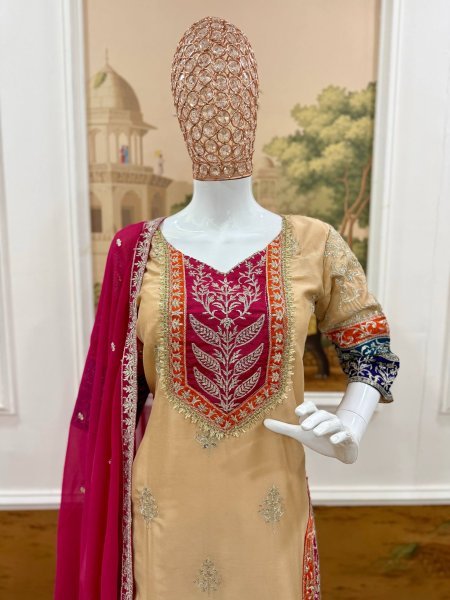 Enduring Cream Embroidered Kurti Palazzo Suit for Festive and Wedding Functions Ready To Wear Collection