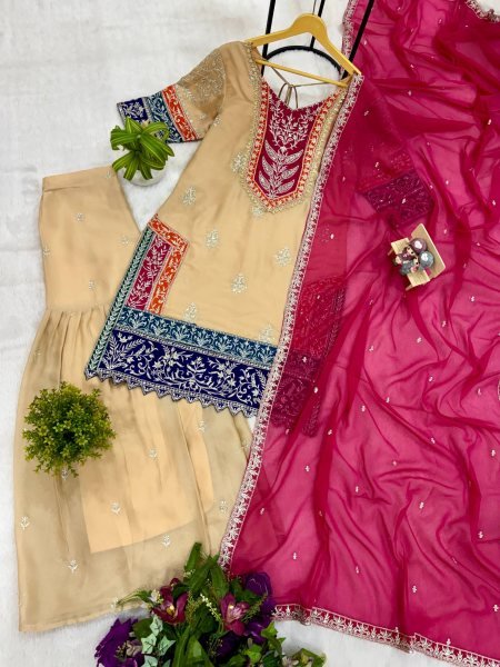 Enduring Cream Embroidered Kurti Palazzo Suit for Festive and Wedding Functions Ready To Wear Collection