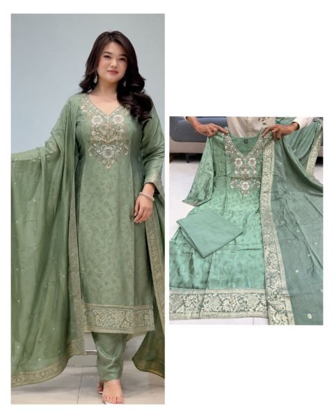 Enduring Green Malay Glass Tissue Kurta Pant Dupatta Set for Women 3 Piece Kurti Set