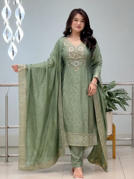 Enduring Green Malay Glass Tissue Kurta Pant Dupatta Set for Women 3 Piece Kurti Set