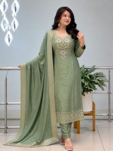 Enduring Green Malay Glass Tissue Kurta Pant Dupatta Set for Women 3 Piece Kurti Set