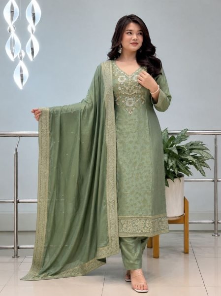 Enduring Green Malay Glass Tissue Kurta Pant Dupatta Set for Women 3 Piece Kurti Set