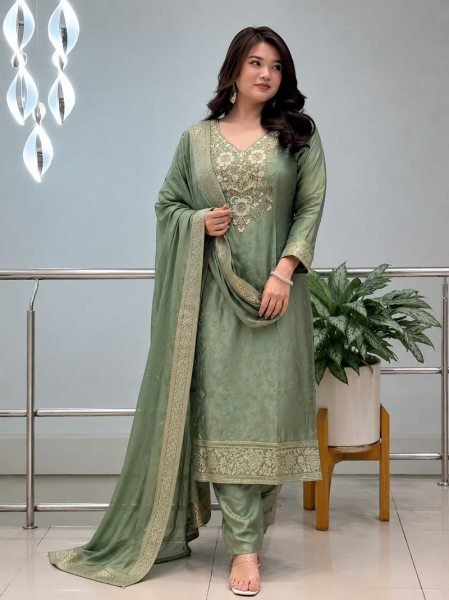 Enduring Green Malay Glass Tissue Kurta Pant Dupatta Set for Women 3 Piece Kurti Set