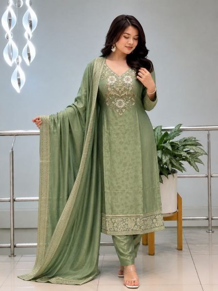 Enduring Green Malay Glass Tissue Kurta Pant Dupatta Set for Women 3 Piece Kurti Set