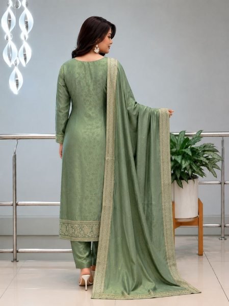 Enduring Green Malay Glass Tissue Kurta Pant Dupatta Set for Women 3 Piece Kurti Set
