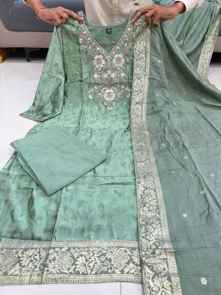 Enduring Green Malay Glass Tissue Kurta Pant Dupatta Set for Women 3 Piece Kurti Set