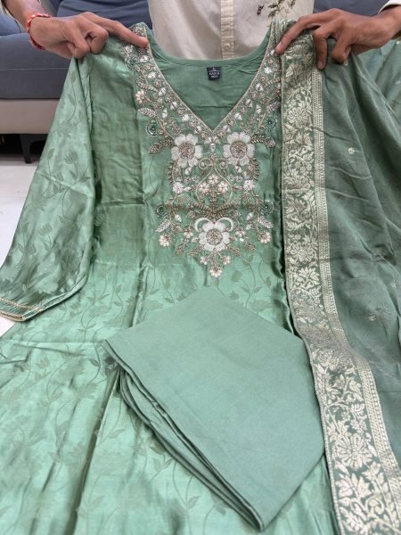 Enduring Green Malay Glass Tissue Kurta Pant Dupatta Set for Women 3 Piece Kurti Set