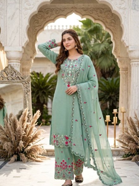 Fascinating Green Roman Silk Straight Cut Suit with Embroidered Palazzo Ready To Wear Suit