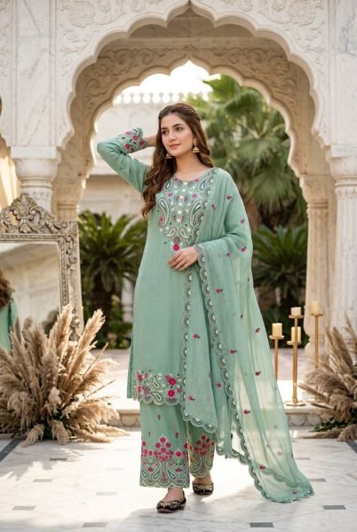 Fascinating Green Roman Silk Straight Cut Suit with Embroidered Palazzo Ready To Wear Collection