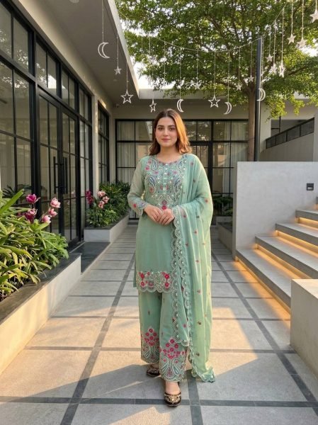 Fascinating Green Roman Silk Straight Cut Suit with Embroidered Palazzo Ready To Wear Collection