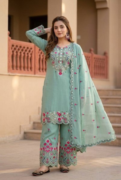 Fascinating Green Roman Silk Straight Cut Suit with Embroidered Palazzo Ready To Wear Collection